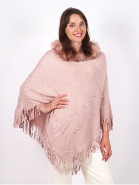 Beaded Solid Colour Poncho with  Faux Fur Neck and Fringes